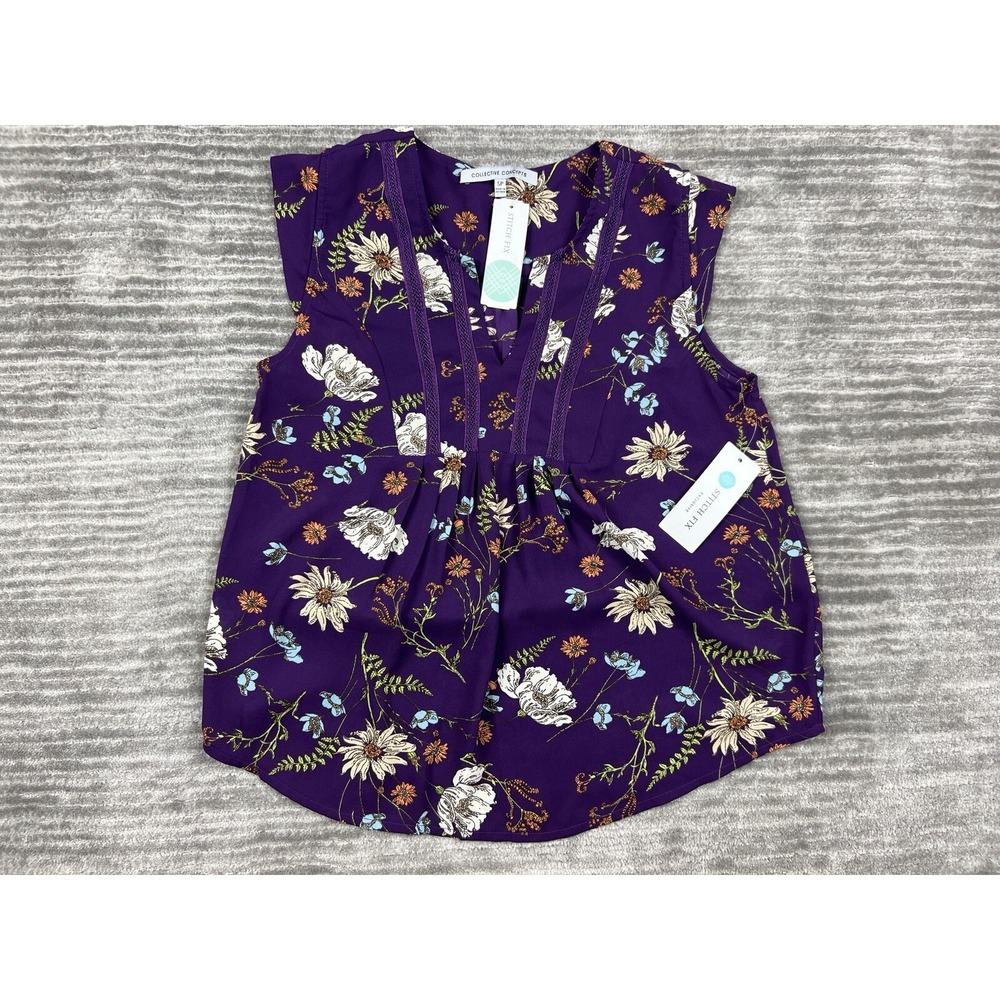 Collective Concepts Blouse Womens SP Purple Susy Cap Sleeve Floral Lace Trim NEW